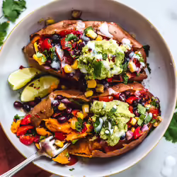 Vegan Black Bean-Stuffed Sweet Potatoes With Coconut Sour Cream and Guacamole