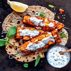 Vegan Tandoori Tofu Skewers With Yogurt Sauce