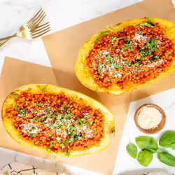 Easy Vegan Lentil Bolognese Spaghetti Squash Boats