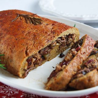 Seitan Stuffed with Walnuts, Dried Cranberries, and Mushrooms