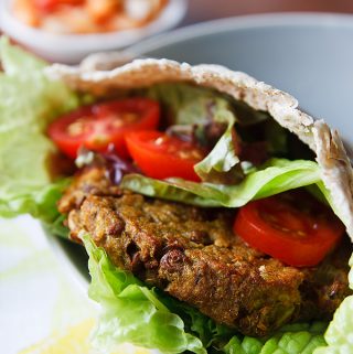 Curried Eggplant, Lentil, and Quinoa Burgers with Onion-Pepper Relish