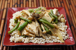 Maitake and Beech Mushrooms with Simmered Tofu on Sesame Rice