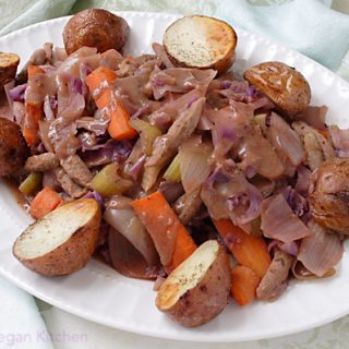 Vegan Corned Beef and Cabbage, Roasted Potatoes, and Soda Bread