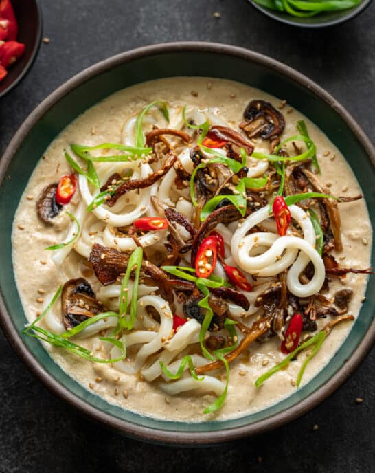 Creamy Umami Noodle Soup with Crispy Mushrooms