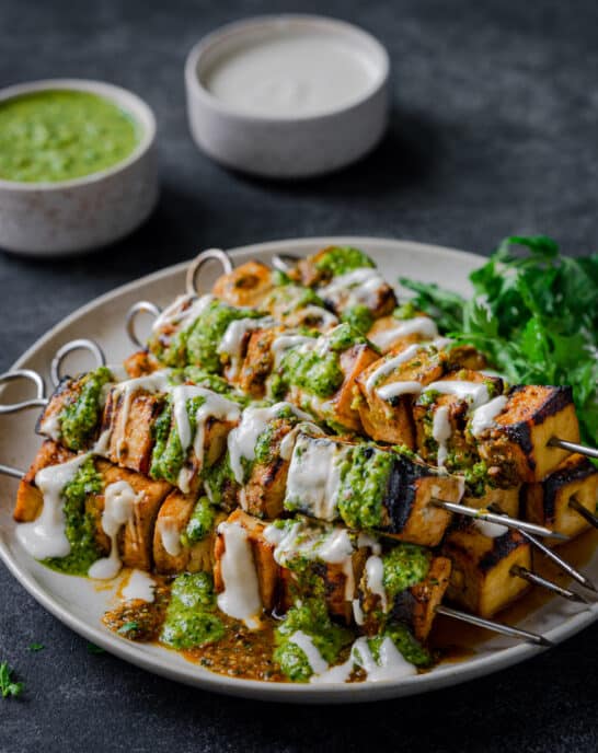 Grilled Tofu Skewers with 5 Easy Sauces