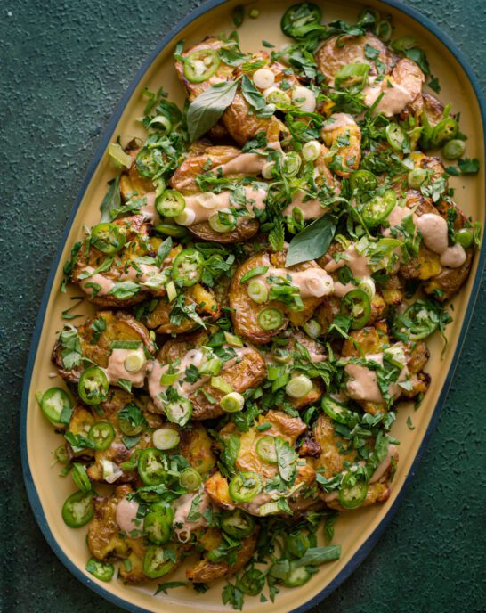 Crispy Smashed Potatoes with Ginger-Tahini Dressing