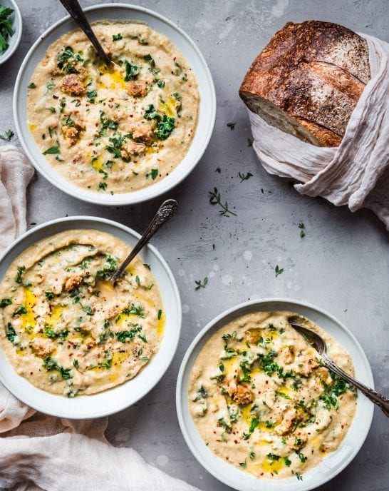 Creamy Vegan Cauliflower Soup with Sausage and Kale