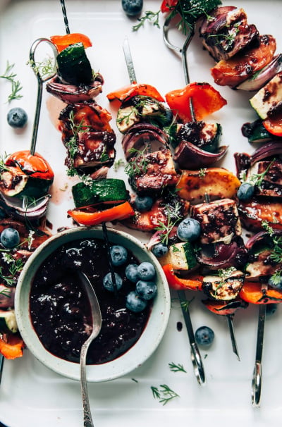 Summer Veg & Tofu Skewers with Blueberry BBQ Sauce
