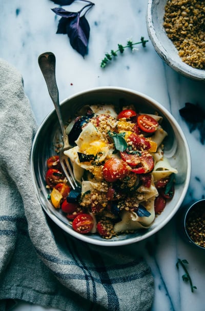 Rustic Vegan Pasta with Cheesy Chickpea Crumble & Heirloom Tomatoes