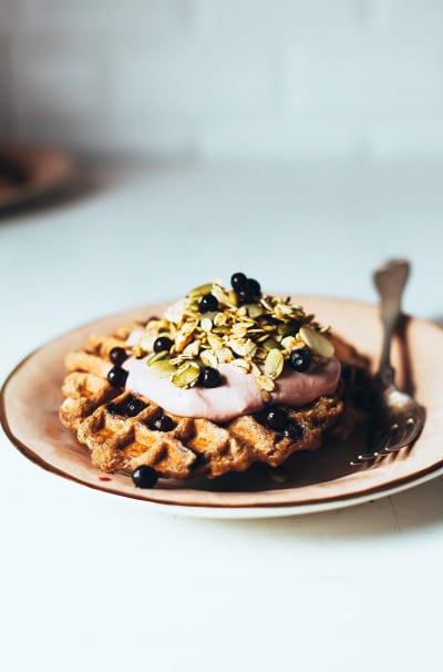 Blueberry Spelt Waffles with Rhubarb Cashew Cream