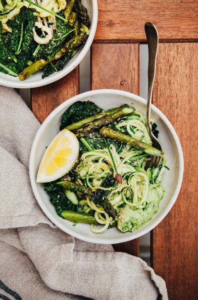 Creamy Zucchini Noodles with Spring Onion Sauce & Cheesy Sunflower Sprinkle
