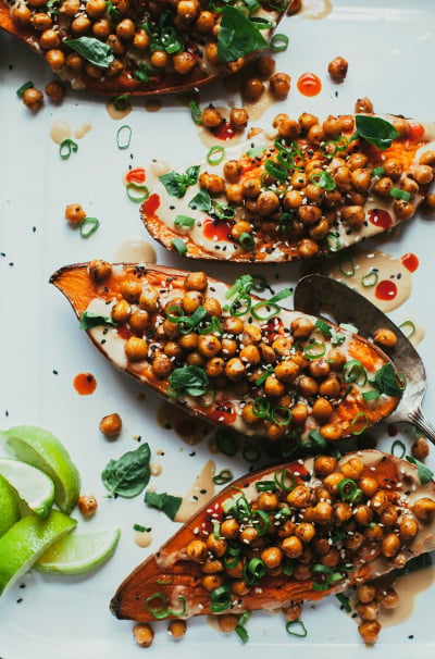 Vegan Stuffed Sweet Potatoes with Crispy Chickpeas & Tahini