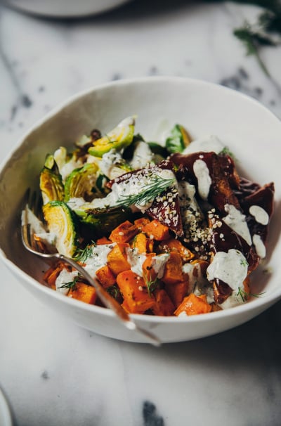 Roasted Winter Bowl with BBQ Tempeh & Hemp Seed Ranch