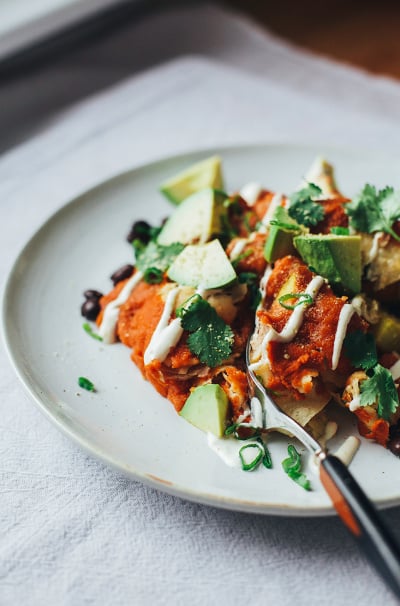 Cozy Vegan Enchiladas with Lime Cream