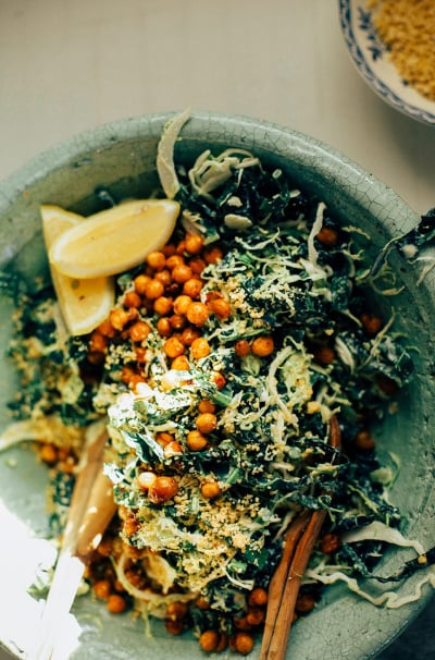 Kale & Brussels Sprout Caesar Slaw with Pine Nut “Parm”