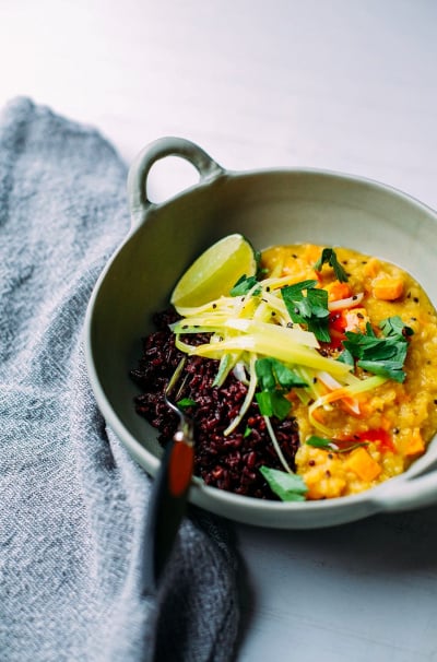 Ginger Sweet Potato Dal with Coconut Leeks