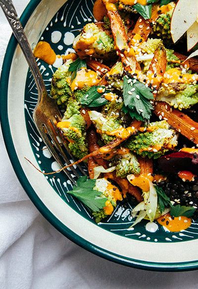 Fall Vegetable & Lentil Bowl with Goji Tahini Cream