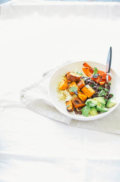 Grilled Sweet Potato Burrito Bowls with Black Beans & Cumin Garlic Sauce