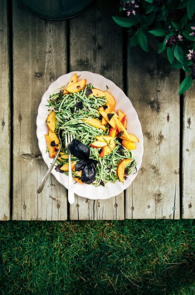 Zucchini Spaghetti with Pumpkin Seed Pesto & Peaches