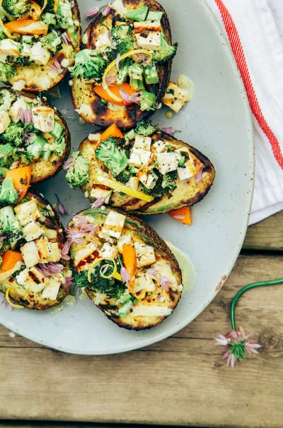 Charred Broccoli & Tofu-Stuffed Avocados with Lemon Curry Sauce