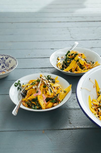 Mango Salad with Rhubarb Ginger Dressing & Chili Almonds