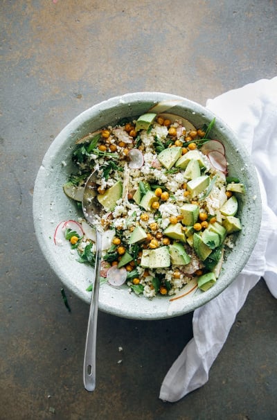 Cauliflower & Roasted Garbanzo Rice and Peas Salad with Apple & Avocado