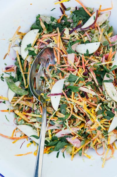 Shredded Brussels & Fall Veg Salad with Garlicky Orange Tahini