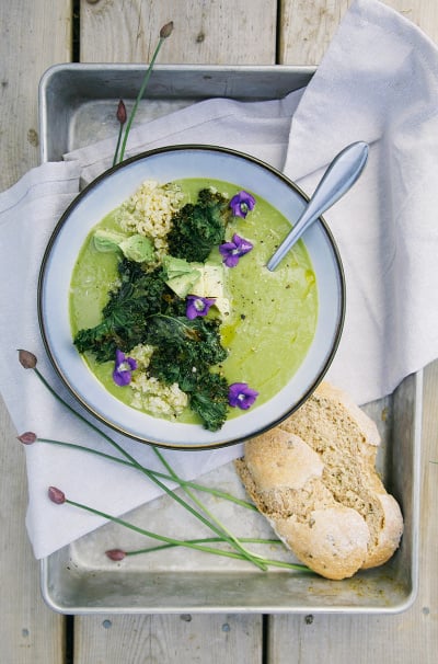 Simple Asparagus and Ramp Soup with Rustic Spelt Bread