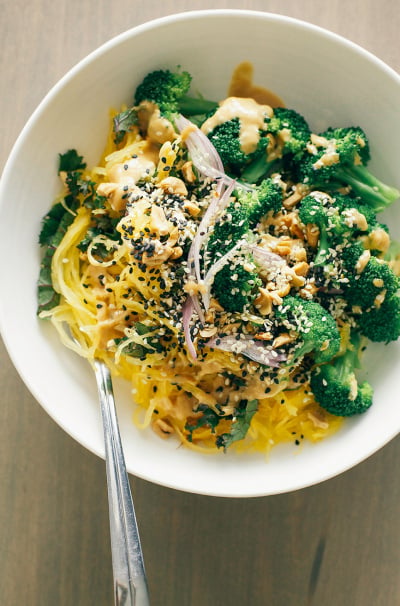 Spaghetti Squash Noodle Bowl with Lime Peanut Sauce