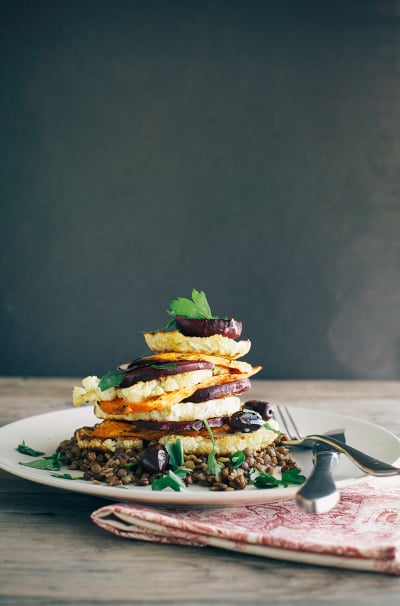 Lemon Rosemary Vegetable Stack with Lentils & Horseradish Vinaigrette