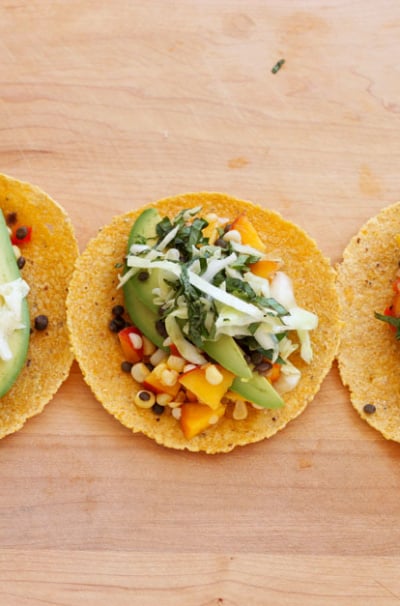 Peachy Corn Tacos with Lentils & Basil Slaw