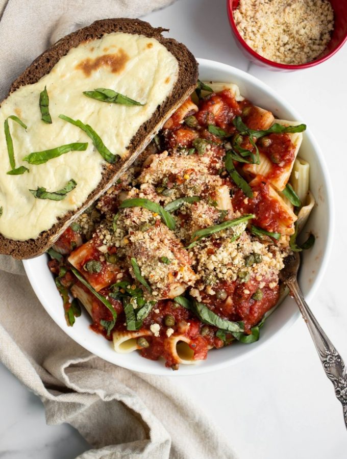 Easy Tomato and Garlic Pasta with Vegan Lemon Parmesan