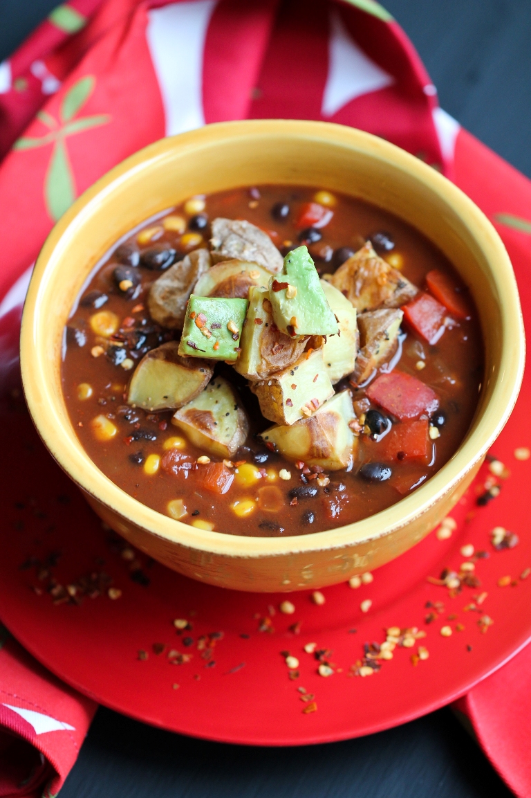 Cocoa Black Bean Chili with Roasted Potatoes