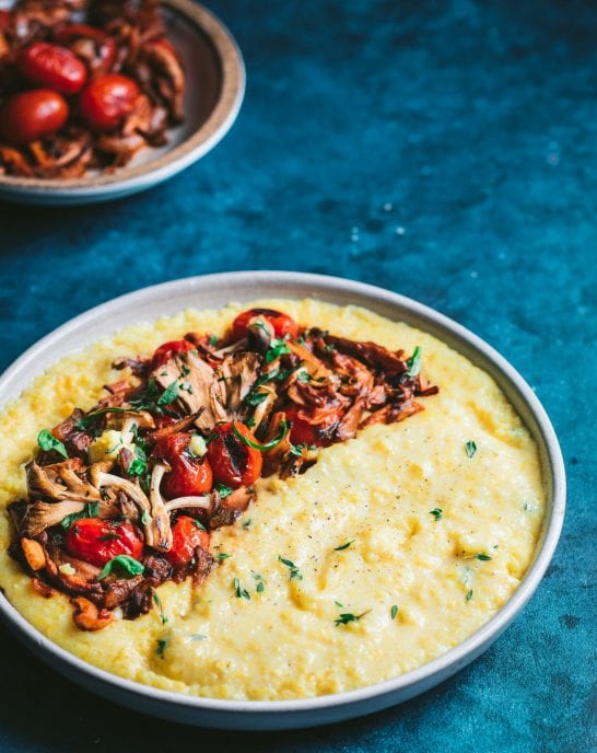 Creamy Vegan Polenta with Wild Mushroom and Tomato Ragu