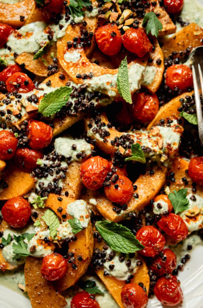 Roasted Butternut Squash with Lentils, Cherry Tomatoes & Herbed Yogurt