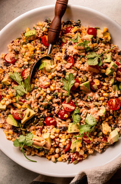 Charred Corn Quinoa Salad with Avocado & BBQ Tahini Ranch Dressing