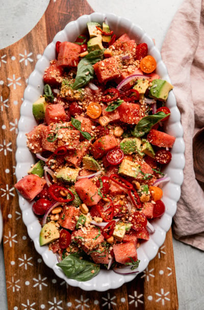 Spicy Vegan Watermelon Salad with Corn Nuts and Basil
