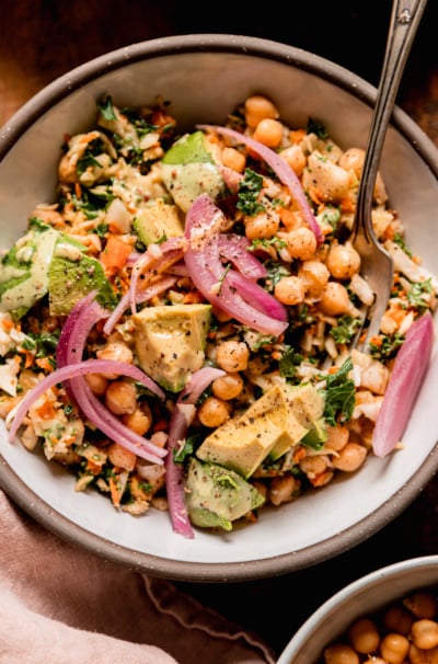 Chopped Kale Cabbage Salad with Sweet Mustard Dressing, Chickpeas & Avocado