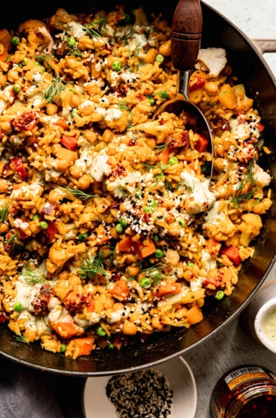 One-Pot Rice and Veggies with Chickpeas & Dilly Tahini