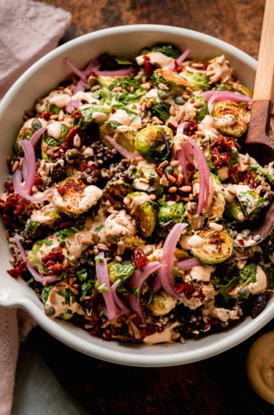 Roasted Brussels Sprouts, Quinoa & Lentil Salad with Spicy Caesar Dressing