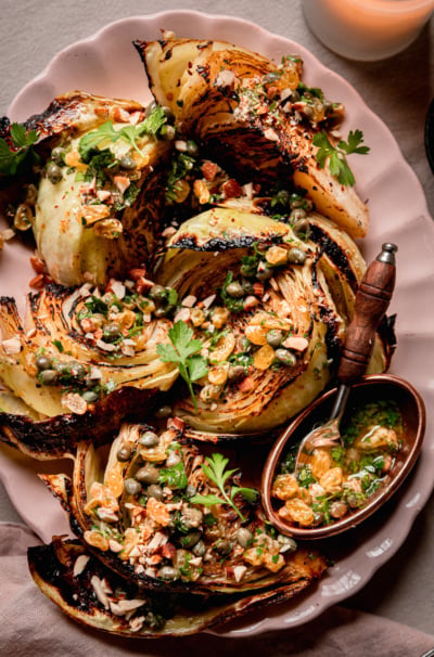 Oven-Roasted Cabbage Wedges with Caper Raisin Relish