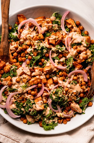 Kale Sweet Potato Salad with Crispy Chickpeas, Pickled Red Onion & Spicy Tahini Ranch