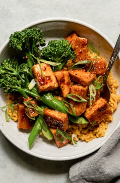 Spicy Maple Tofu Bowls with Golden Garlic Rice & Broccolini