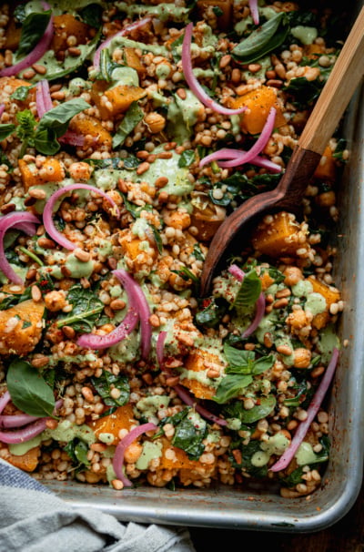 Baked Pearl Couscous & Butternut Squash with Basil Tahini