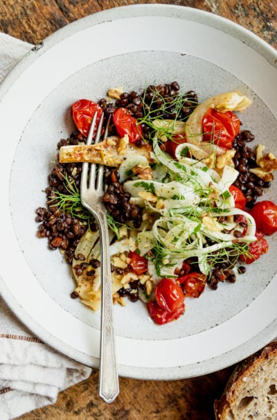 Red Wine Lentils with Confit Cherry Tomatoes & Fennel