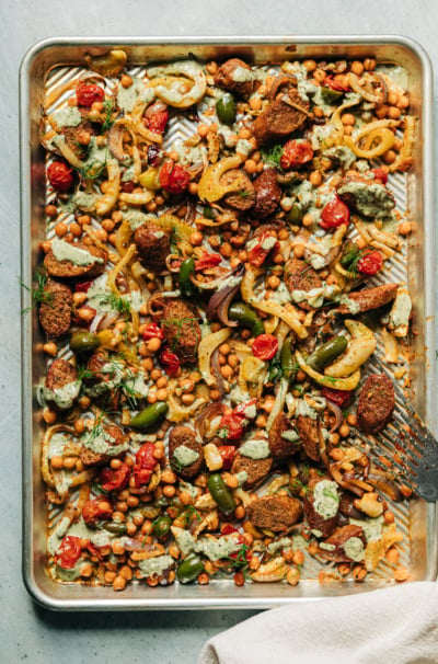 Veggie Sausage Sheet Pan Dinner with Pesto Cream