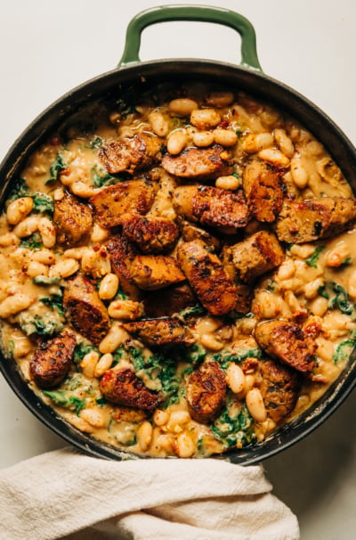 Veggie Sausage White Bean Skillet with Kale & Sun Dried Tomatoes