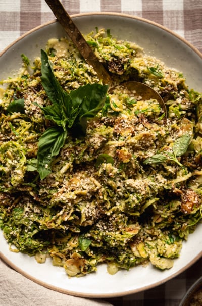 Sautéed Shaved Brussels Sprouts with Pesto