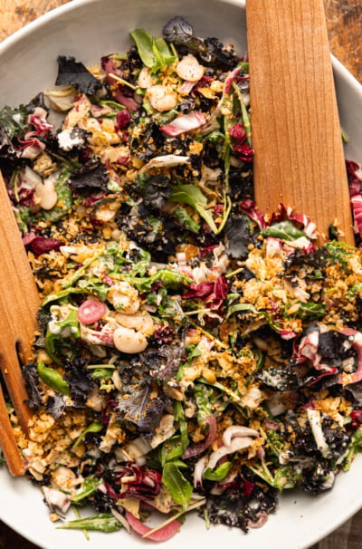 Kale Arugula Butter Bean Salad with Mustard Tahini & Garlicky Bread Crumbs