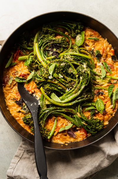 30 Minute Tomato Orzo with Balsamic Broccolini